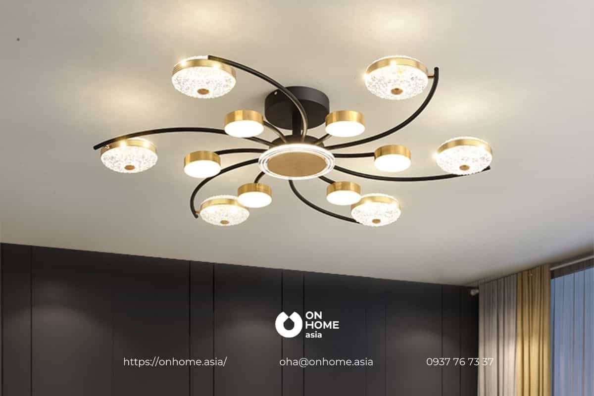 Đèn pha lê kết hợp đèn led ốp trần trang trí phòng khách