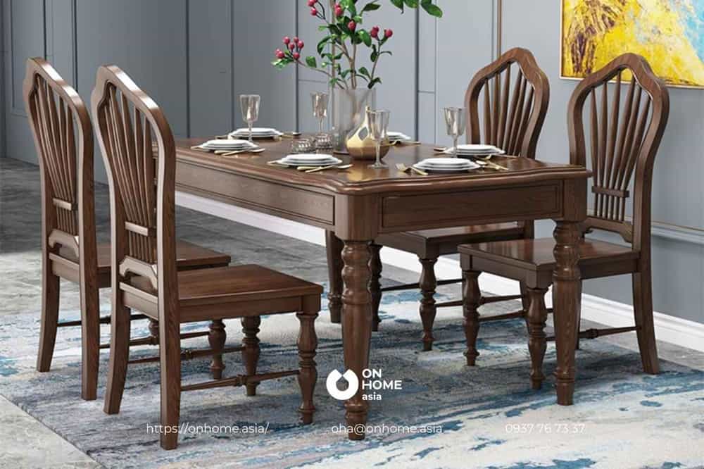 Bộ bàn ăn 4 ghế bằng gỗ Óc Chó phong cách Tân Cổ Điển