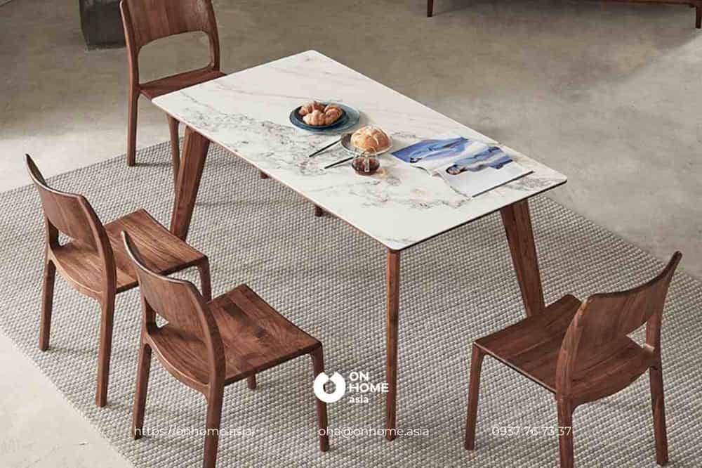 Bộ bàn ăn 4 ghế gỗ Óc Chó mặt đá thiết kế đơn giản