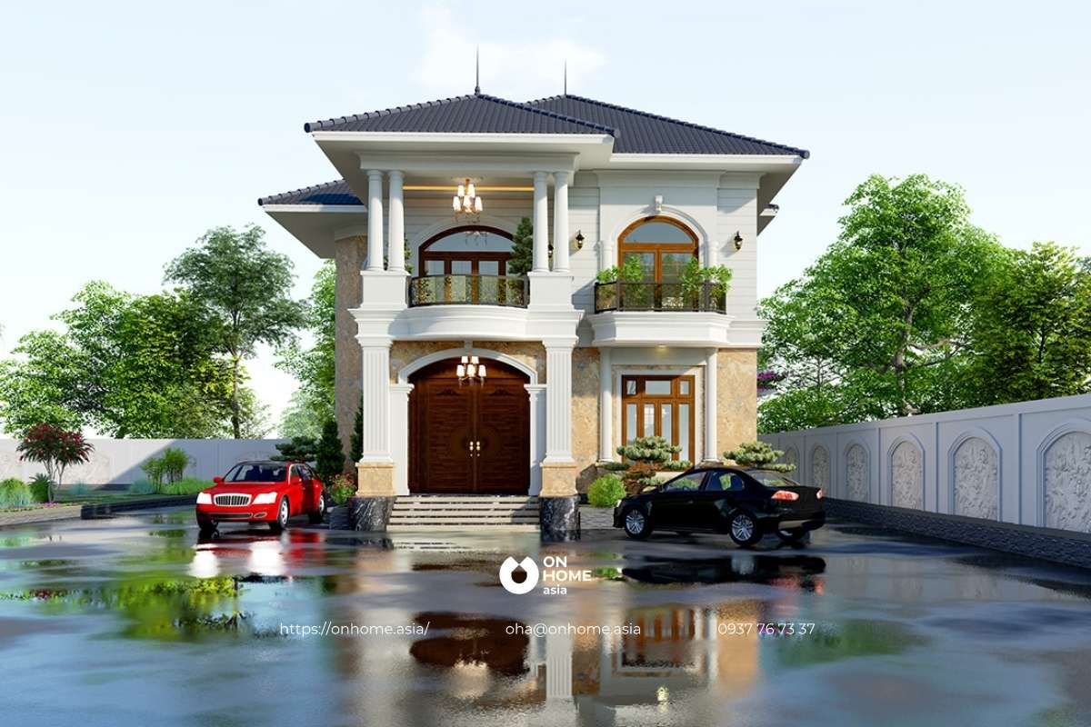 Thiết kế biệt thự chữ L 2 tầng 150m2 phong cách Tân Cổ Điển