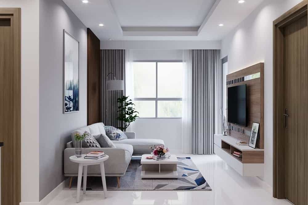 Kiến trúc phòng khách với màu xanh và trắng đơn giản
