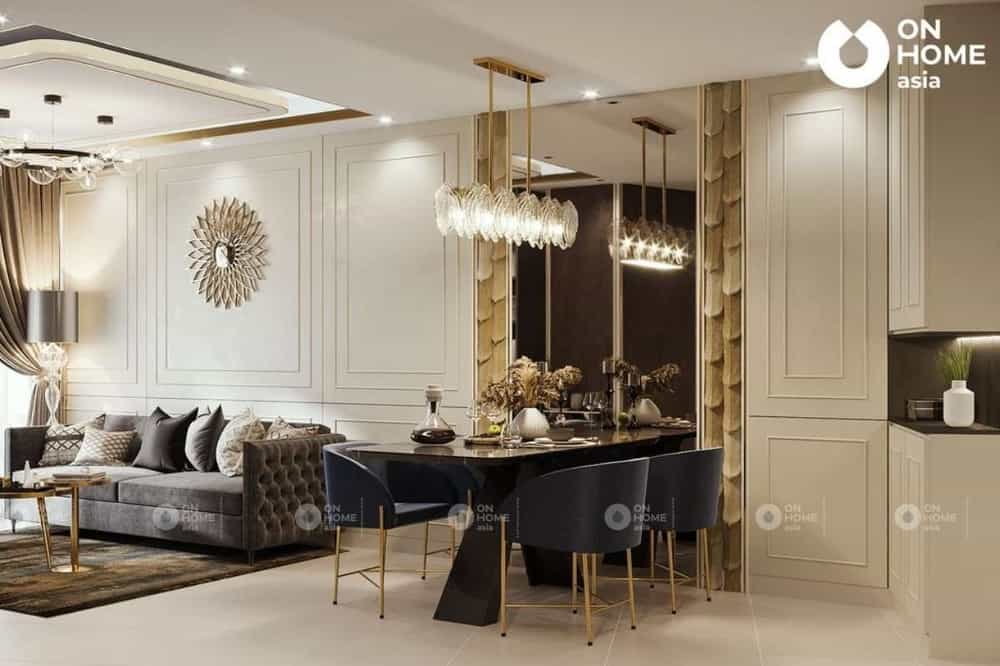 Nội thất ánh kim và vàng đồng rất được ưa chuộng trong kiến trúc phòng khách