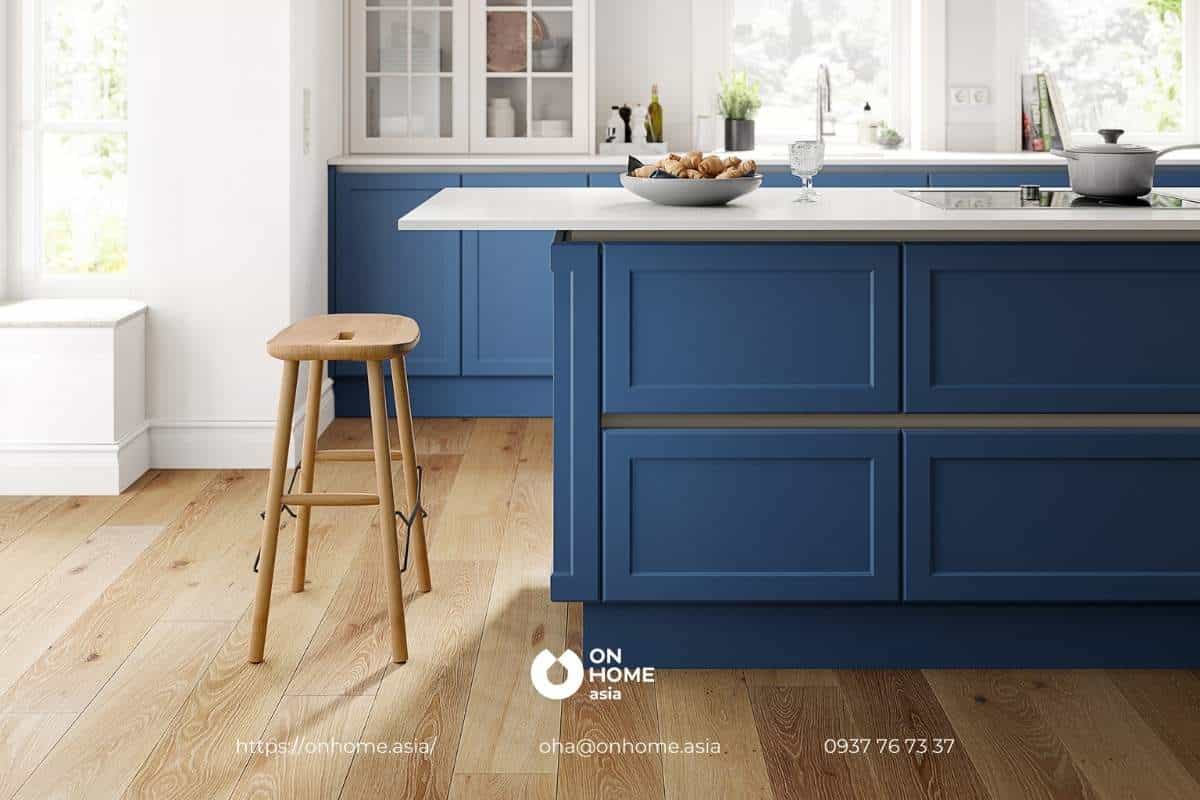 Sự kết hợp giữa màu trắng và xanh đem đến một không gian bếp đẹp