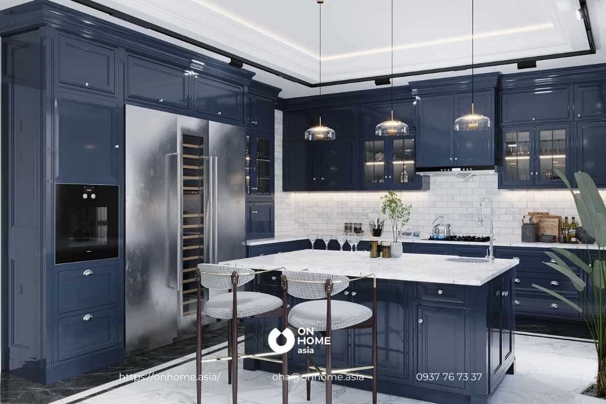 Thiết kế tủ bếp màu xanh navy 