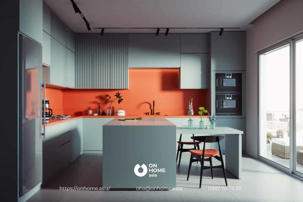 Phòng bếp đẹp với màu cam và xanh