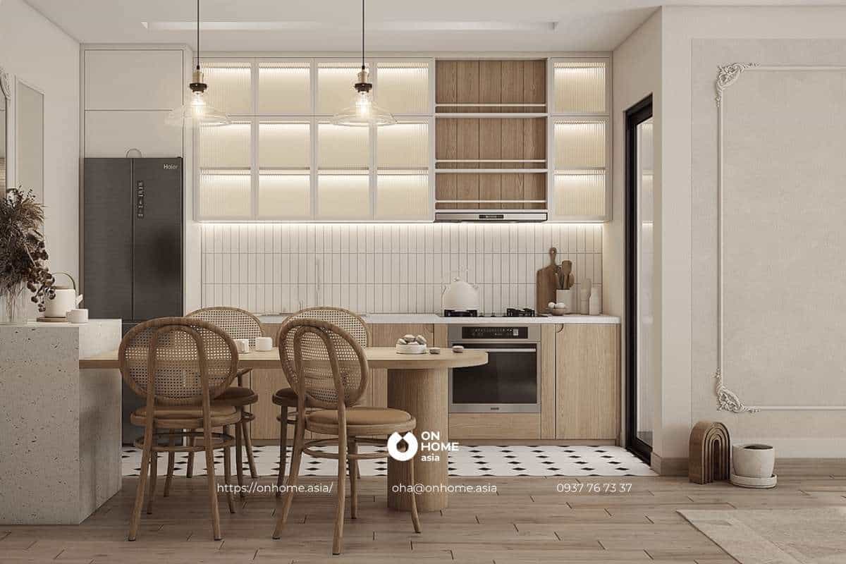 Thiết kế tủ bếp chữ I gần gũi, ấm áp