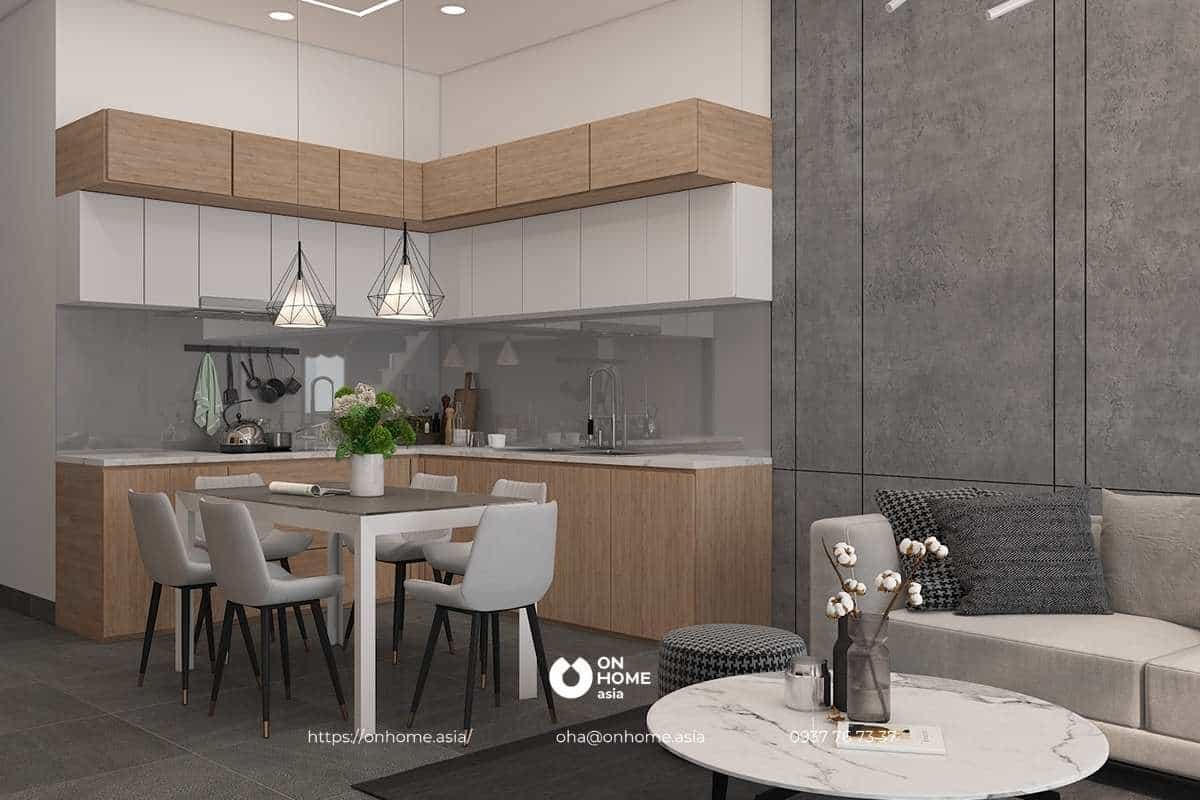 Thiết kế phòng khách và bếp liền kề tạo không gian mở