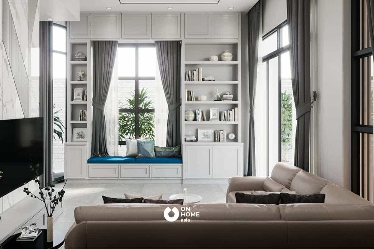 Thiết kế nội thất phòng khách hiện đại với tông màu trắng nhẹ nhàng là điểm nhấn