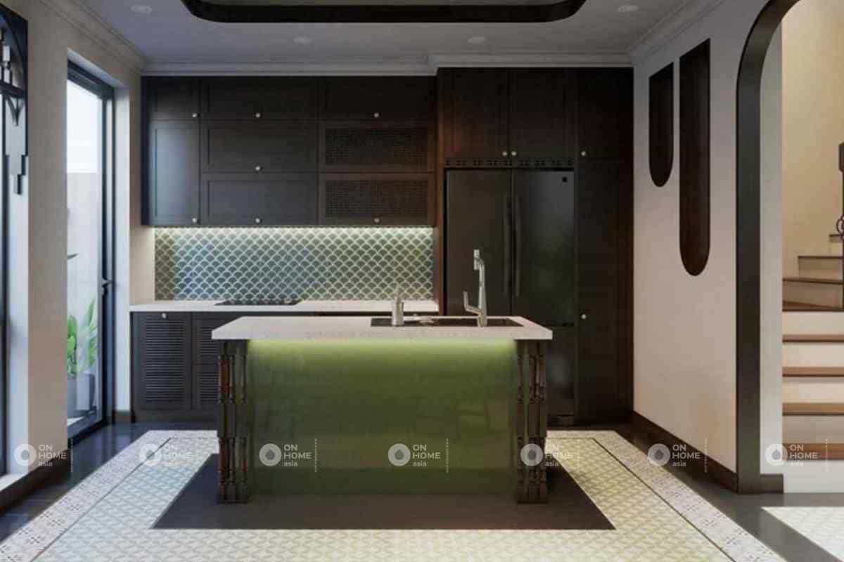 phòng bếp của mẫu thiết kế nội thất nhà phố phong cách indochine
