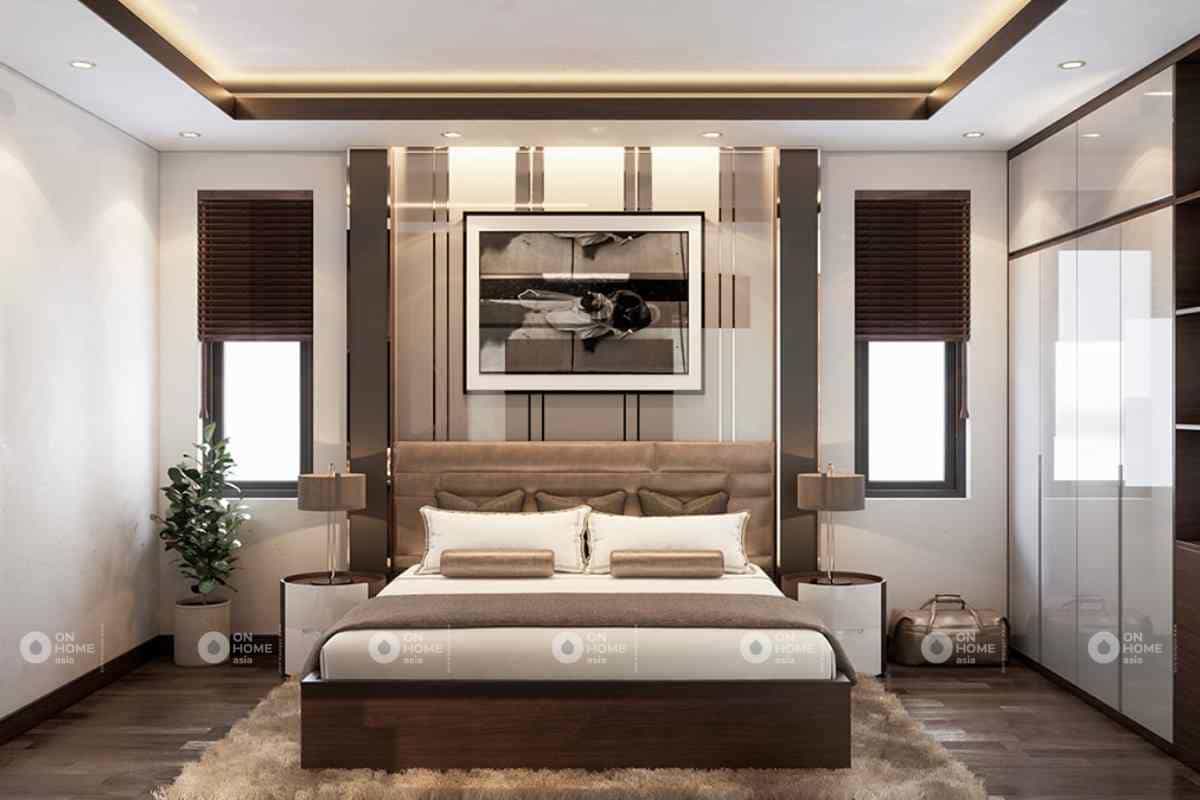 Nội thất phòng ngủ thứ nhất của mẫu thiết kế nhà phố 90m2 bằng gỗ