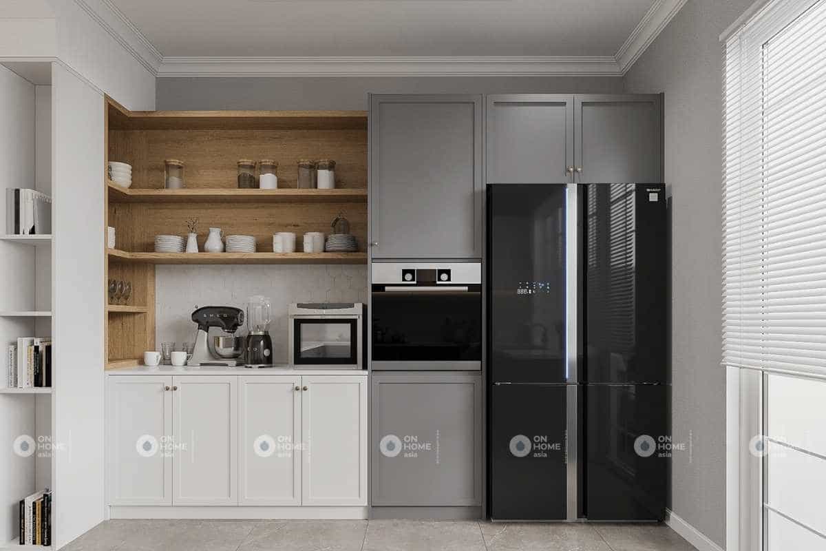 Hệ tủ bếp được thiết kế gọn gàng và sạch sẽ