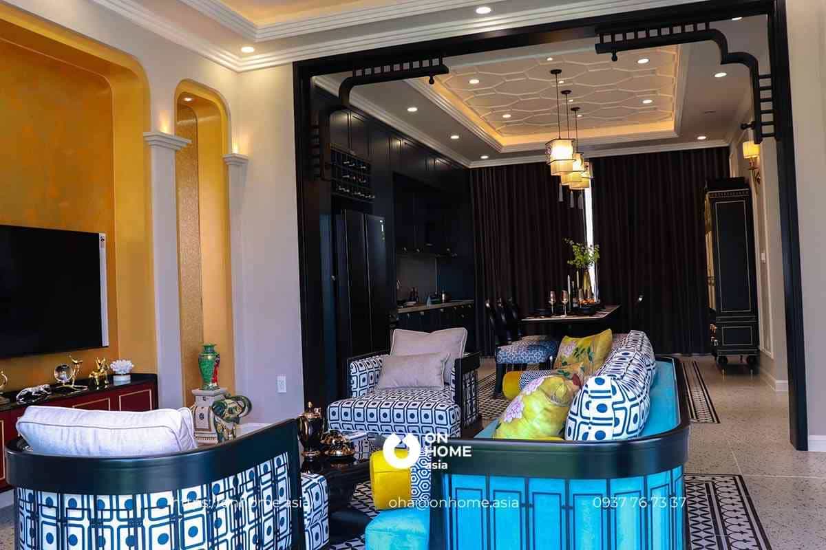 Thiết kế nội thất phòng khách biệt thự Phúc An Ashita phong cách Indochine