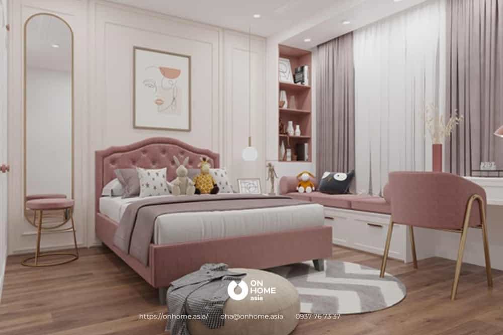 Phòng ngủ bé gái với sắc hồng chủ đạo