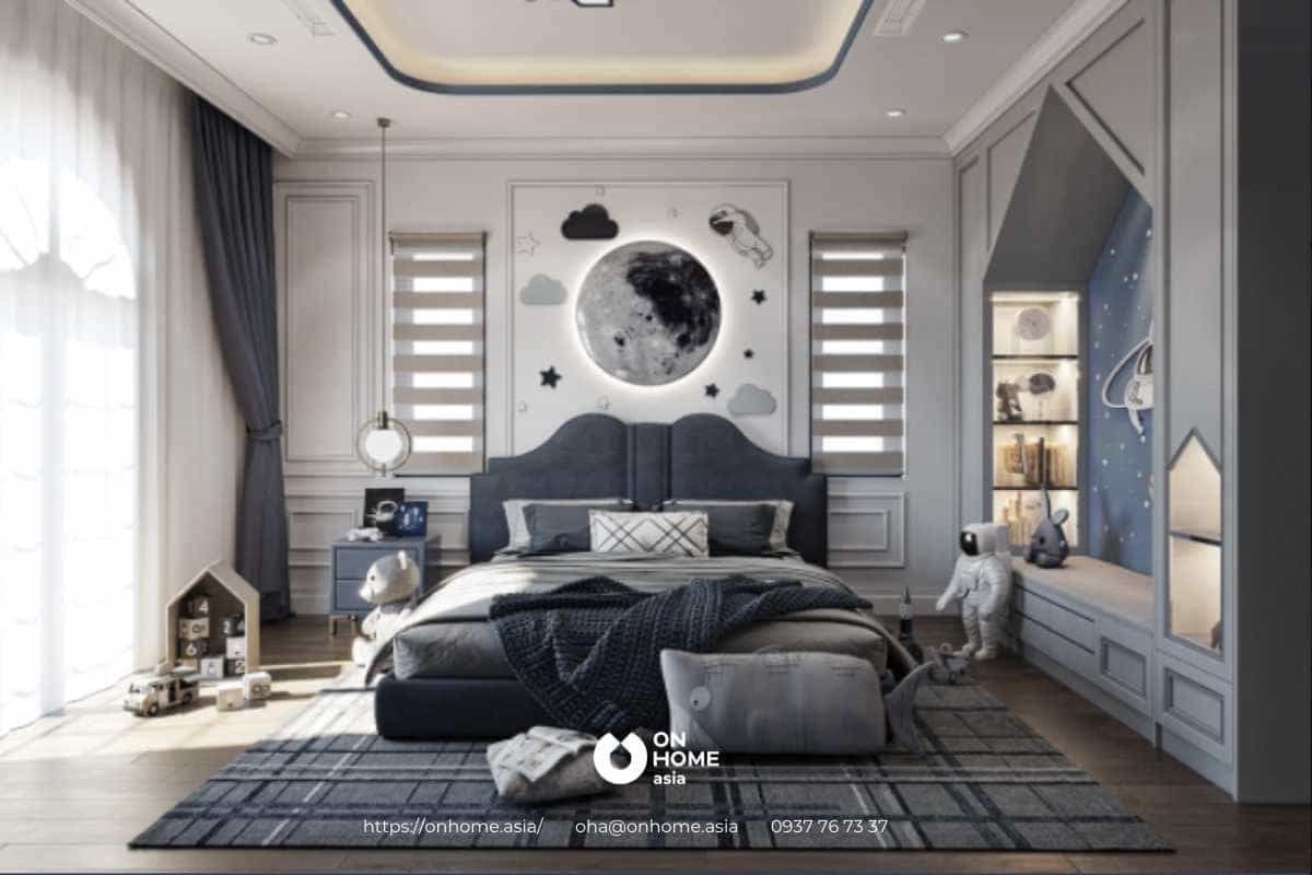 Không gian phòng ngủ được thiết kế với chủ đề vũ trụ bao la