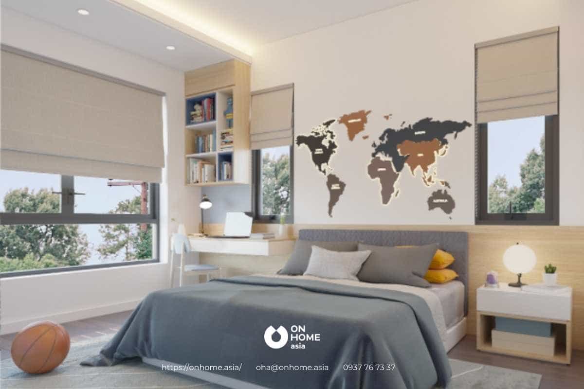 Tường đầu giường được trang trí bản đồ thế giới đẹp