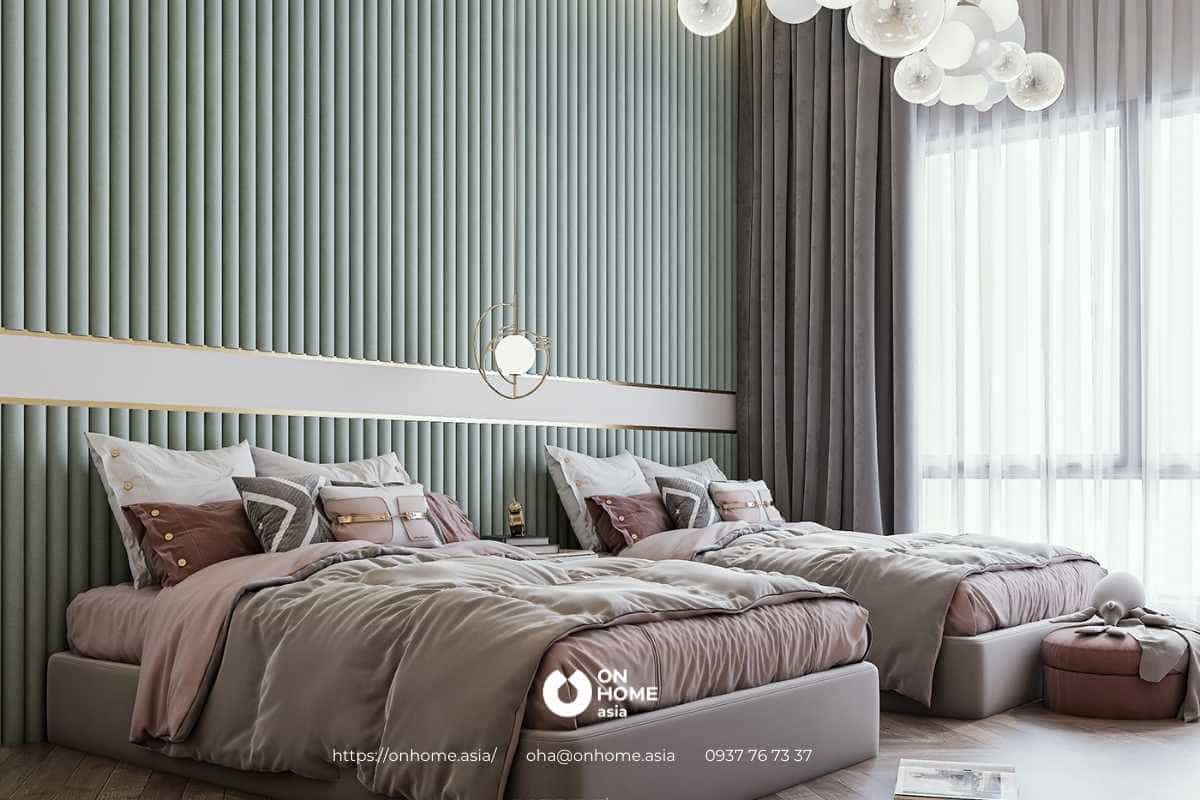 Phòng ngủ với sắc xanh và hồng hài hòa 