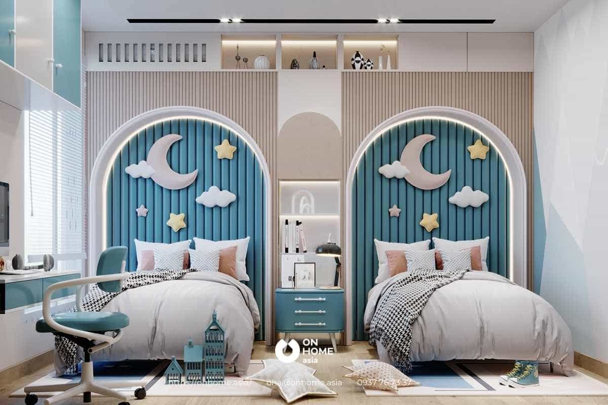 Thiết kế phòng ngủ cho 2 bé gái với màu xanh đẹp