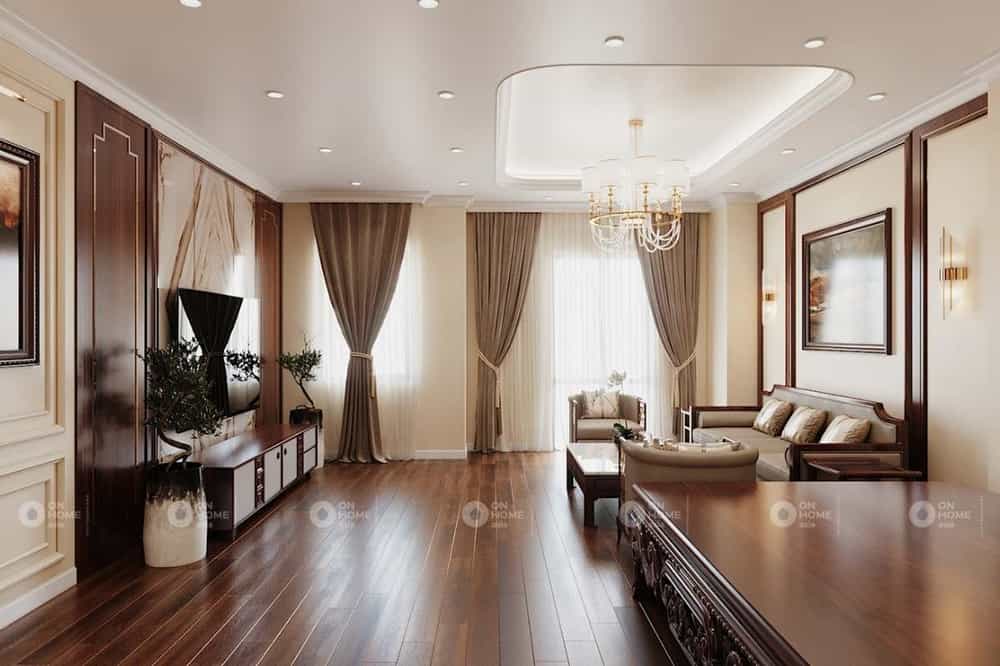 Sàn phòng khách được ốp gỗ ấm áp