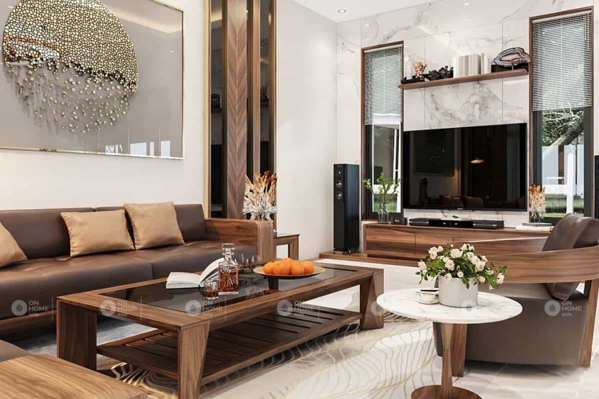 Mẫu phòng khách gỗ đẹp sẽ mang tới cho bạn cảm giác như đang sống trong một khu biệt thự sang trọng vào năm
