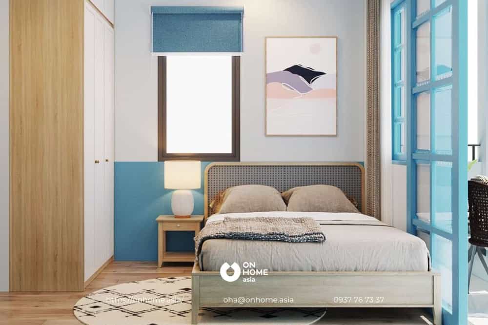 Nội thất phòng ngủ với tông màu xanh chủ đạo
