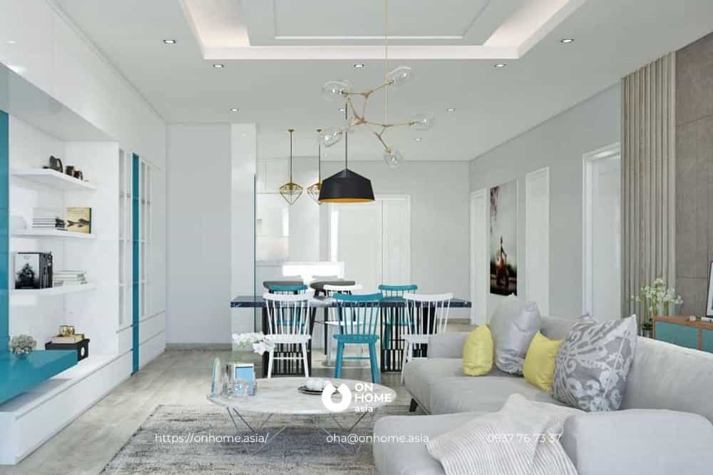 Không gian phòng khách với tông màu trắng và xanh đẹp