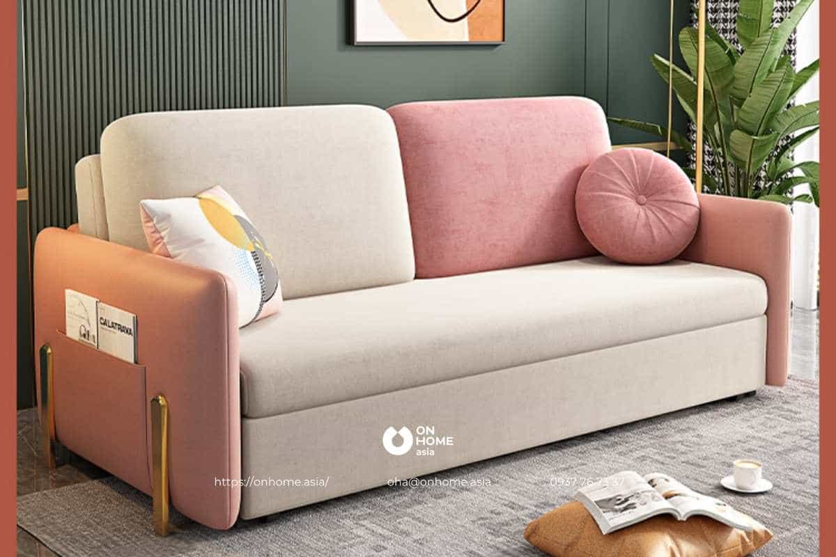 Sofa giường màu hồng kết hợp màu kem đẹp mắt