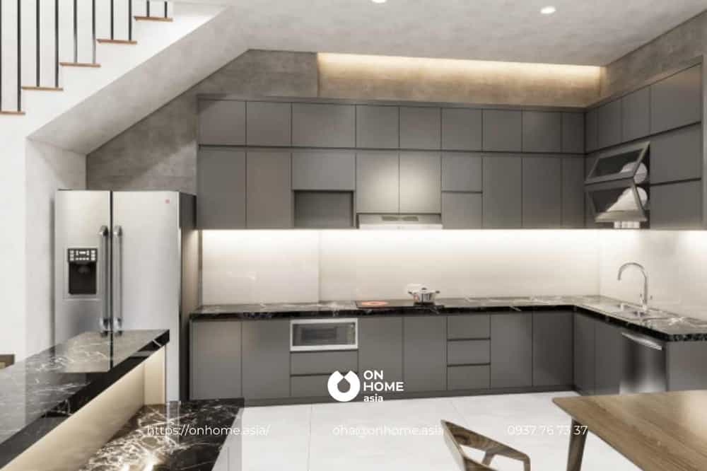 Thiết kế thi công nội thất phòng bếp nhà phố với tông màu xám chủ đạo