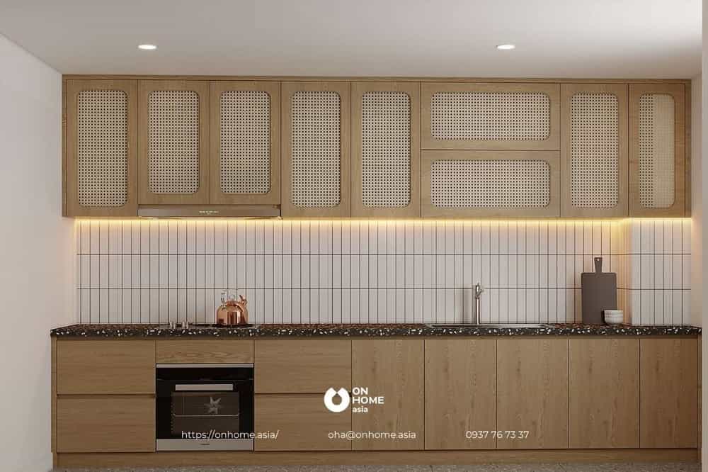 Thiết kế bếp tủ I bằng gỗ tự nhiên kết hợp mặt đá cao cấp
