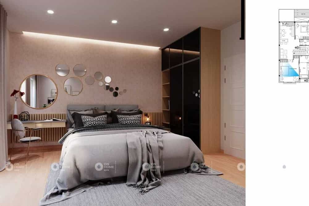 Phòng ngủ master thu hút với ánh vàng trong thiết kế nội thất