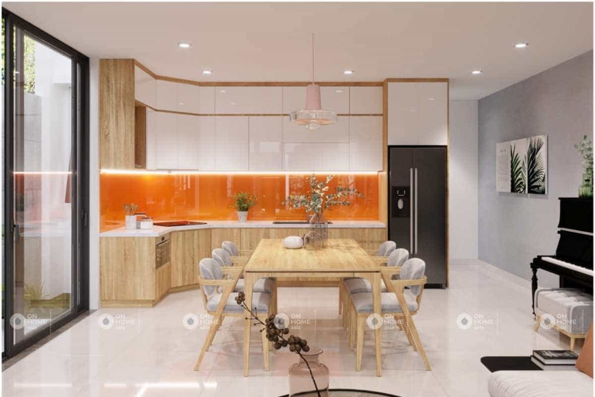 Thiết kế phòng bếp nhà cấp 4 với sắc cam