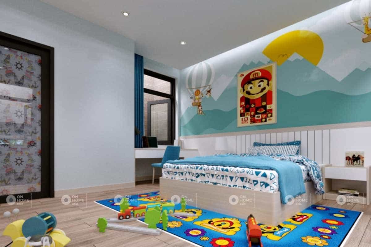 Nội thất phòng ngủ bé trai với các hình vẽ tinh nghịch