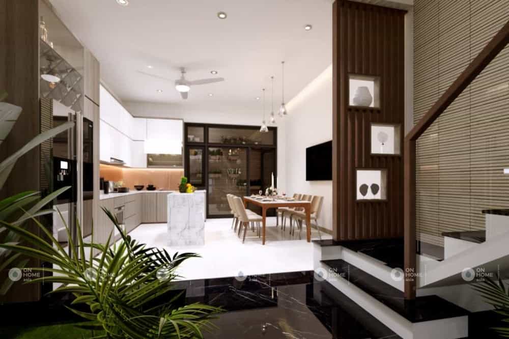 Thiết kế nội thất nhà phố hiện đại với phòng khách và bếp liền kề