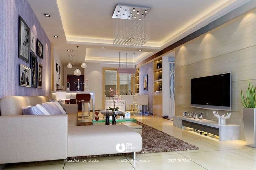 Trần thạch cao phòng khách kết hợp đèn chùm  hiện đại