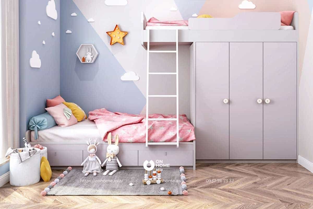 Giường tầng kết hợp tủ quần áo dành cho bé gái