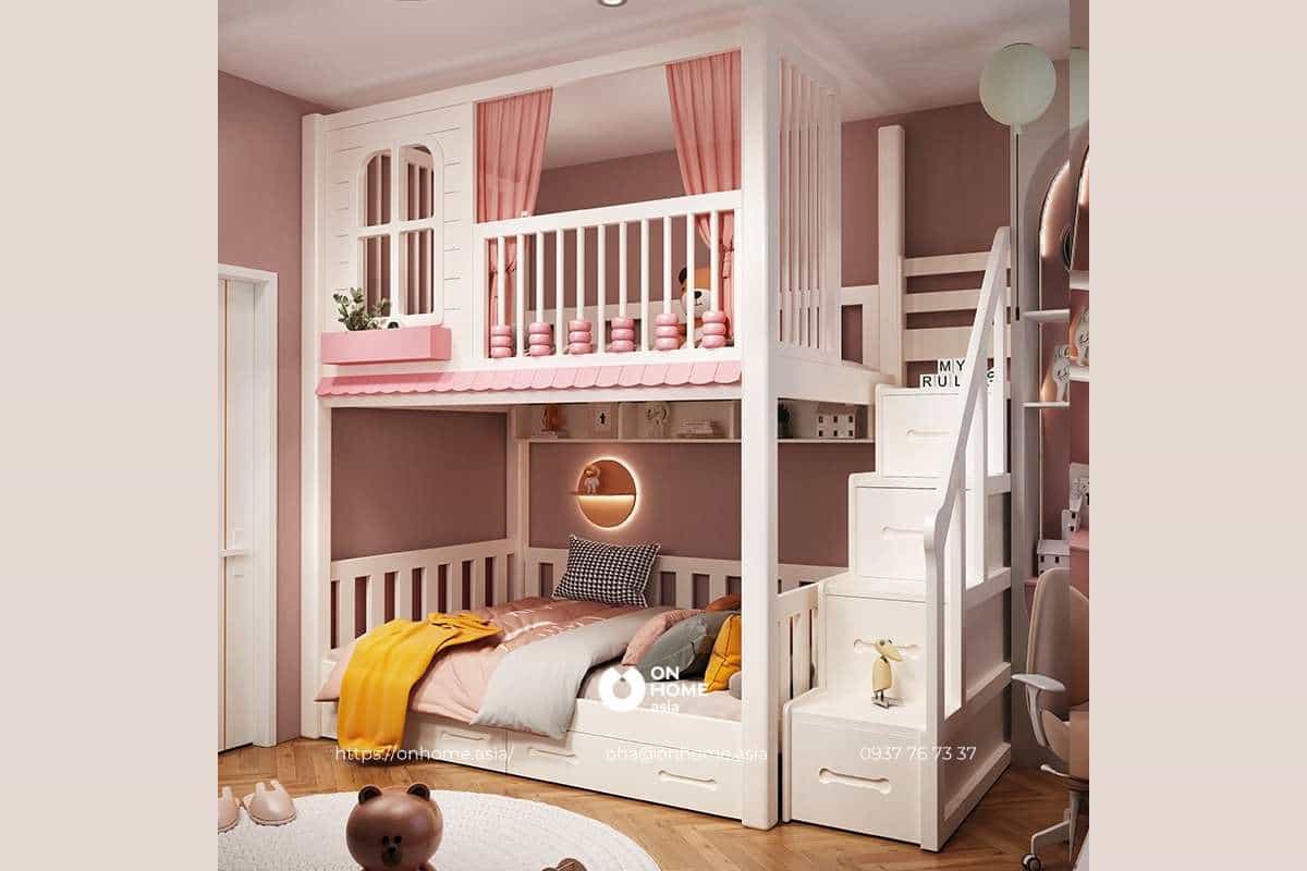 Giường 2 tầng cho bé gái màu hồng phấn đẹp