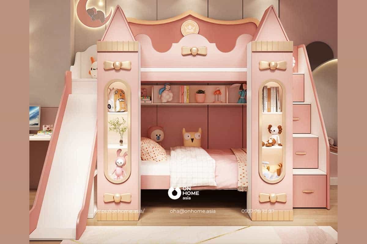 Giường tầng lâu đài màu hồng cho bé gái