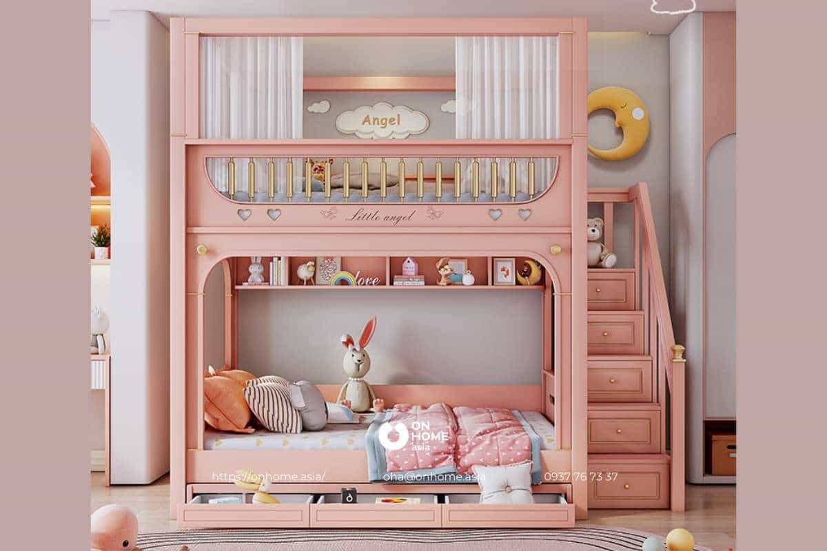 Giường tầng cho bé gái màu hồng điệu đà