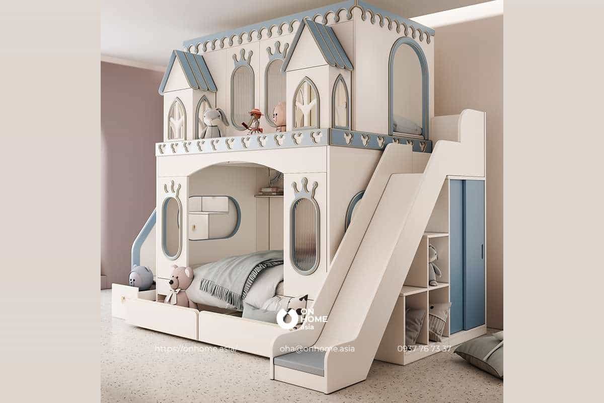 Giường tầng lâu đài cho bé gái màu trắng và màu xanh đẹp