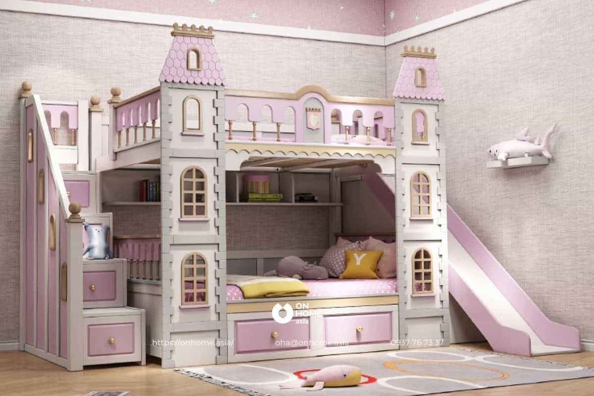 Giường tầng lâu đài cho bé gái màu tím đẹp