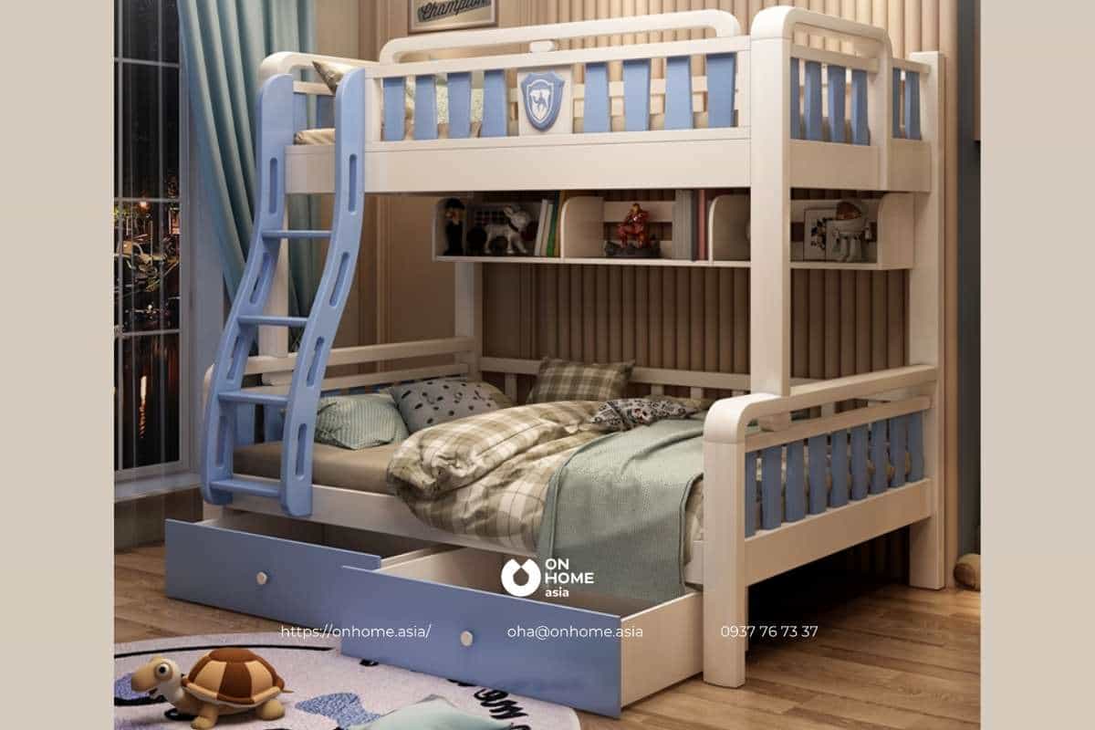 Giường hai tầng màu xanh và kem cho bé gái đẹp