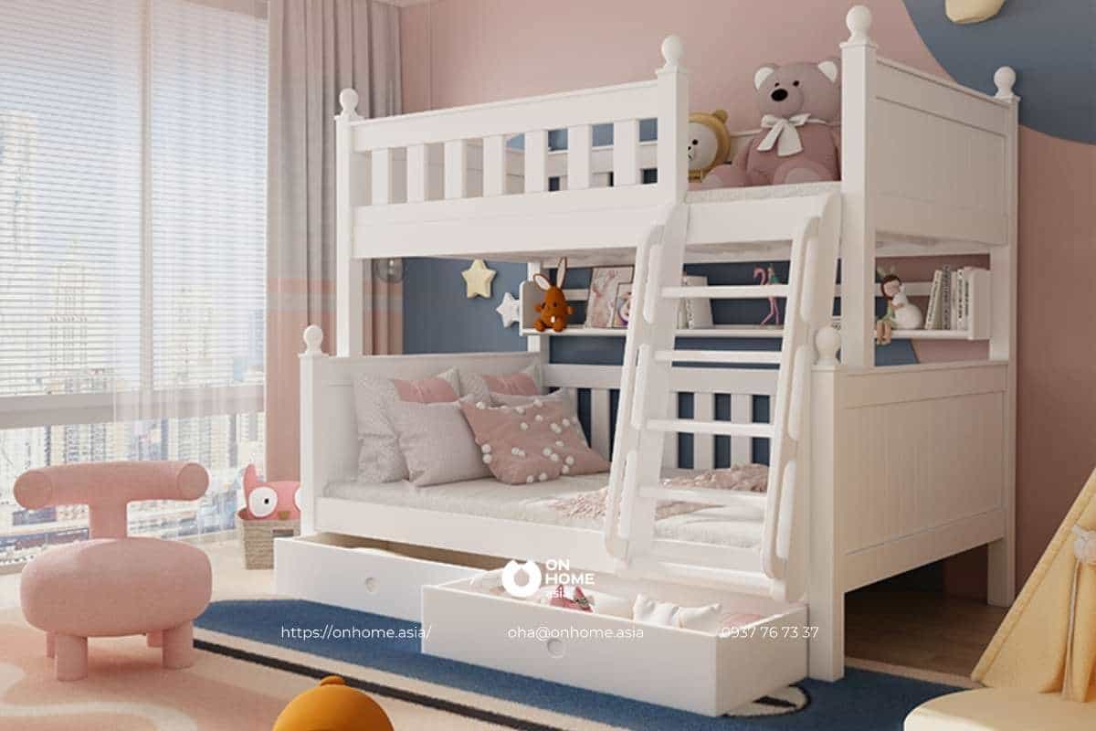 Giường hai tầng có ngăn kéo màu trắng cho bé gái