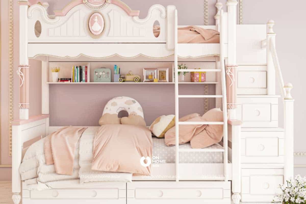 Giường hai tầng có ngăn kéo màu hồng cho bé gái