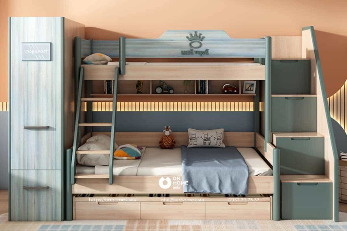 Giường tầng cho bé trai màu xanh ấn tượng