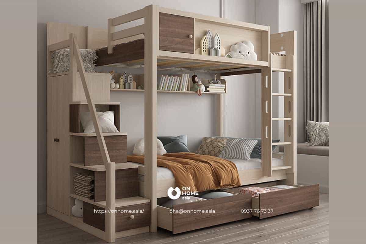 Giường tầng gỗ sồi thiết kế đơn giản cho bé trai