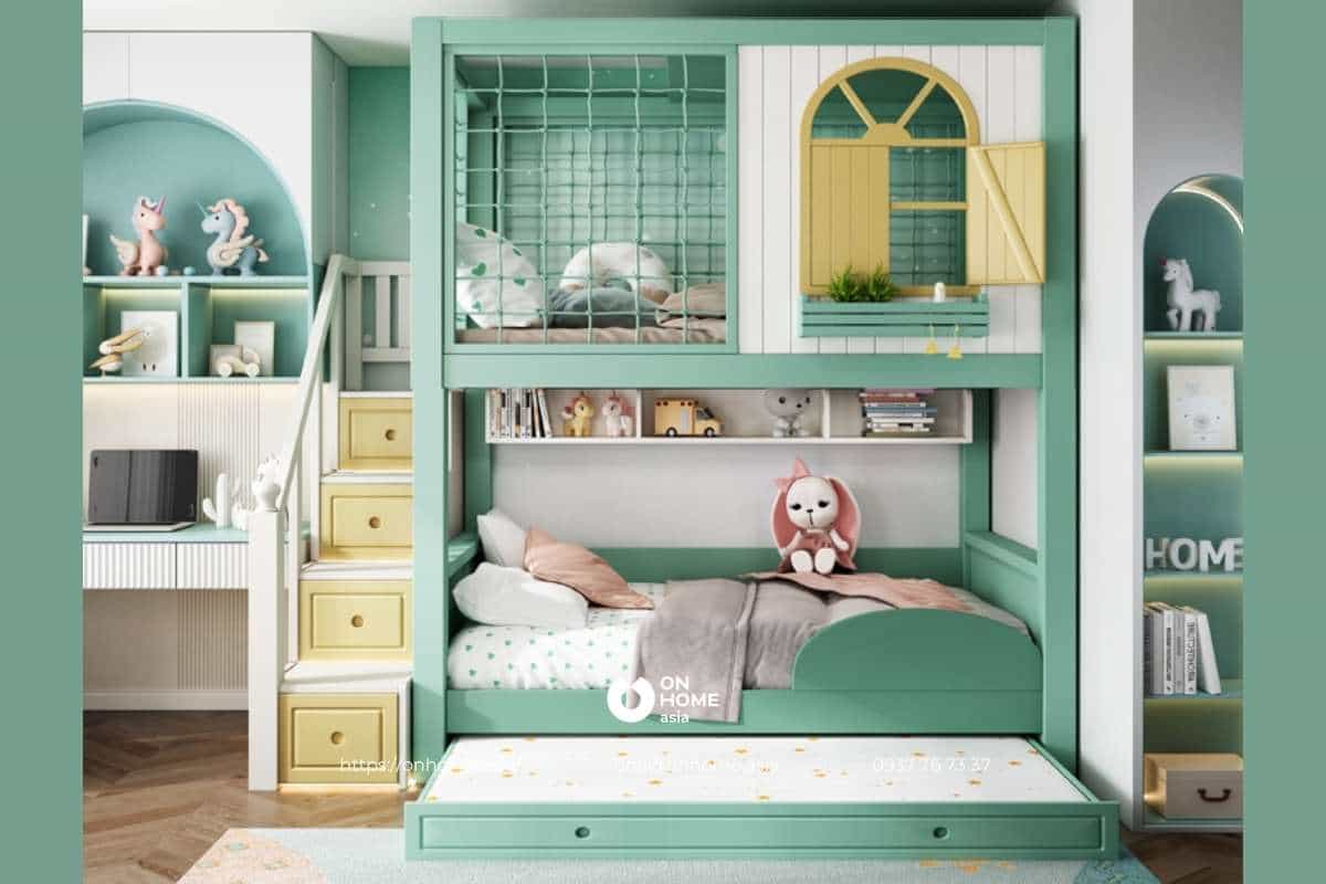 Giường tầng màu xanh cho bé gái