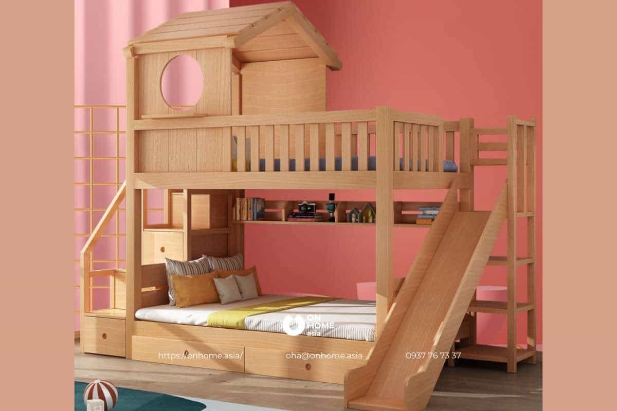Giường tầng có cầu tuột bằng gỗ sồi cho bé trai