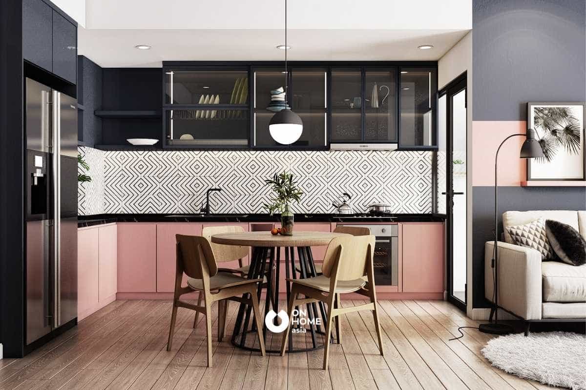 Phòng bếp đẹp và cá tính với sắc xám và hồng đối nghịch
